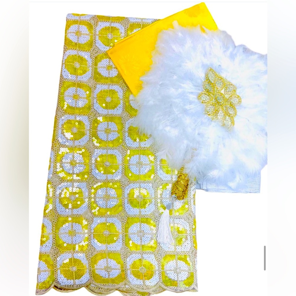 Yellow and White Lace w/ Fan & Gele